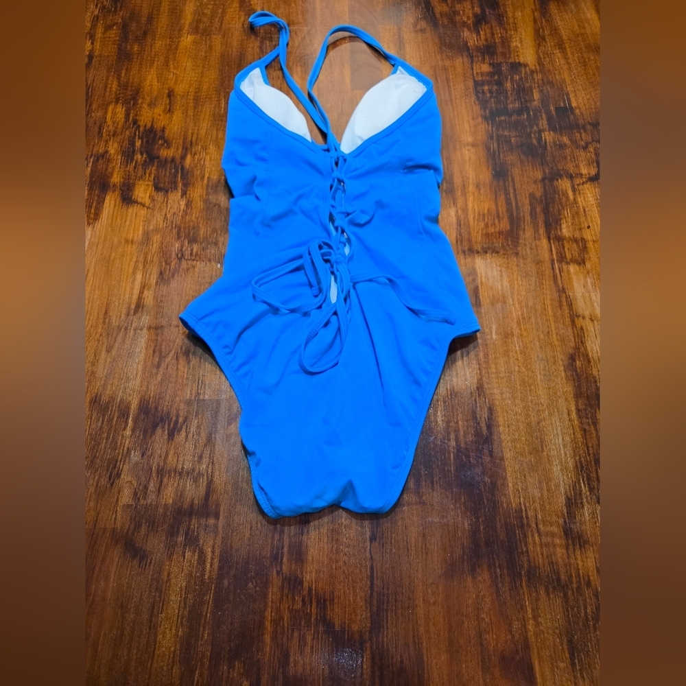 Women's Size 6 Blue One Piece Swimsuit With Lace Up Back - Picture 2 of 7